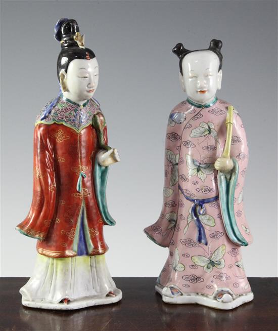 Two Chinese famille rose enamelled figures of female immortals, late 18th century, 26 and 24.5cm, losses and restoration